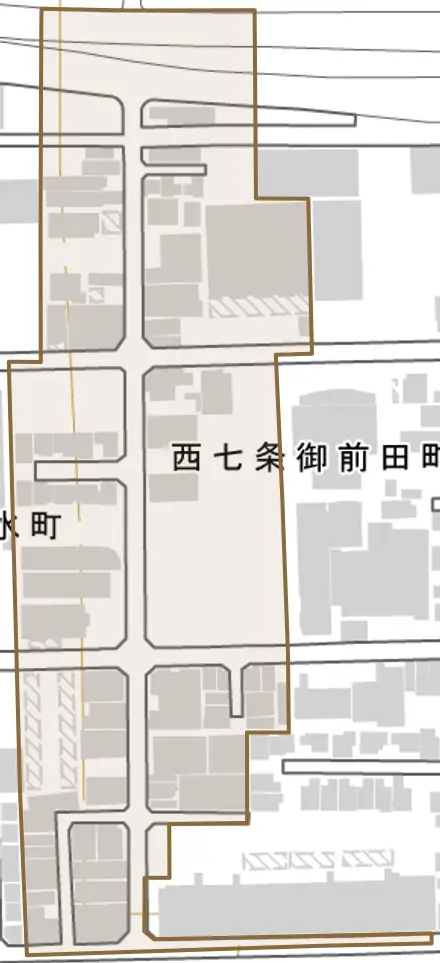 西七条御前田町とその周辺の地図。町の範囲を重ねている