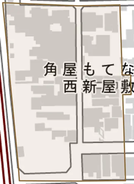 西新屋敷揚屋町とその周辺の地図。町の範囲を重ねている