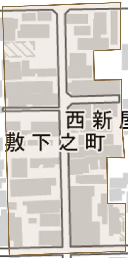 西新屋敷中堂寺町とその周辺の地図。町の範囲を重ねている