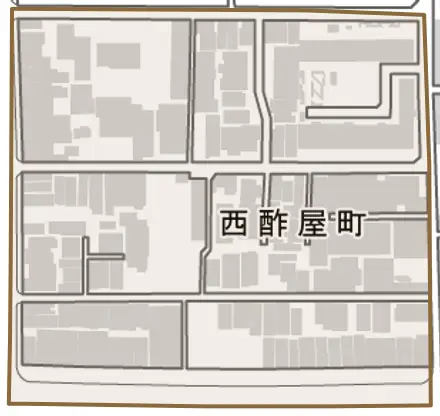 西酢屋町とその周辺の地図。町の範囲を重ねている