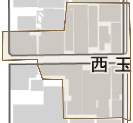 西玉水町とその周辺の地図。町の範囲を重ねている