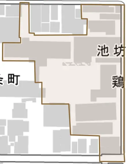 鶏鉾町とその周辺の地図。町の範囲を重ねている