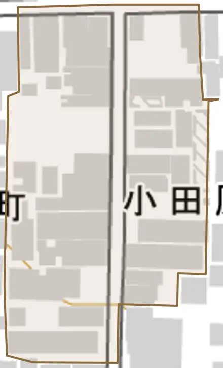 小田原町とその周辺の地図。町の範囲を重ねている