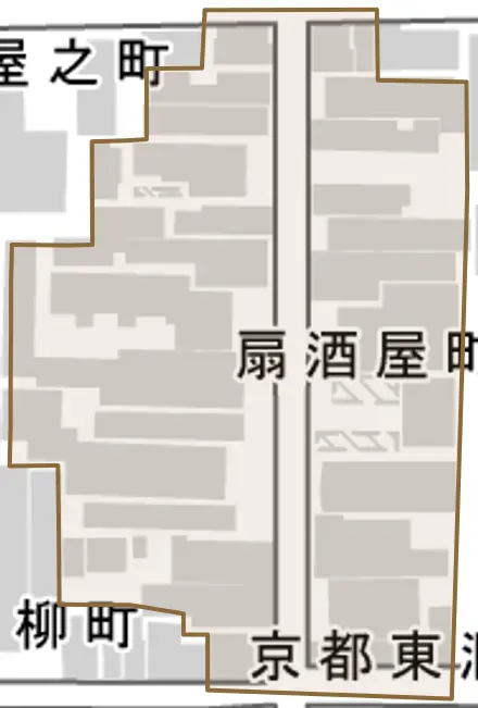 扇酒屋町とその周辺の地図。町の範囲を重ねている