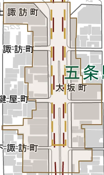 大坂町とその周辺の地図。町の範囲を重ねている