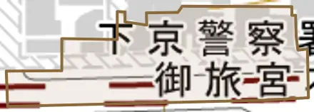 御旅宮本町とその周辺の地図。町の範囲を重ねている