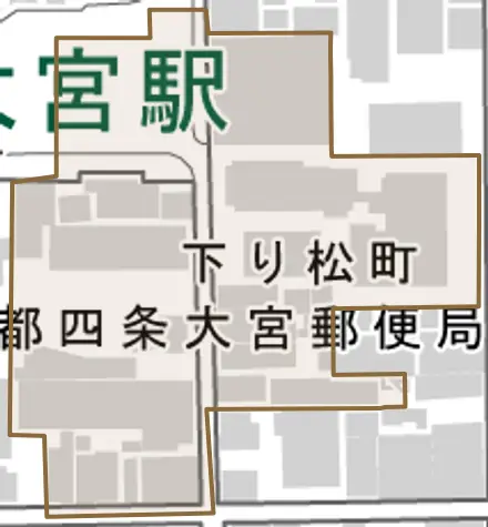 下り松町とその周辺の地図。町の範囲を重ねている