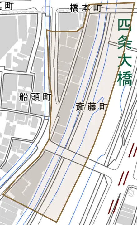 斎藤町とその周辺の地図。町の範囲を重ねている