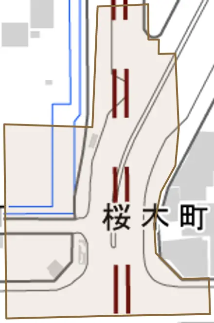 桜木町とその周辺の地図。町の範囲を重ねている