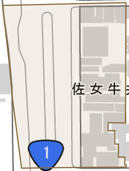 佐女牛井町とその周辺の地図。町の範囲を重ねている