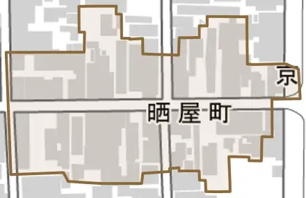 晒屋町とその周辺の地図。町の範囲を重ねている