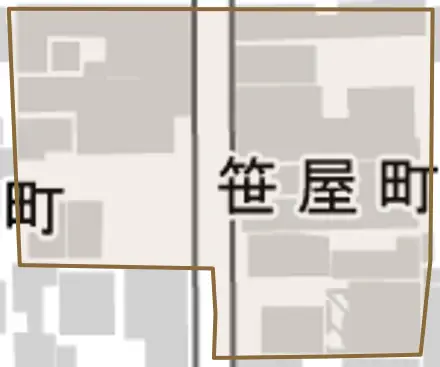 笹屋町とその周辺の地図。町の範囲を重ねている