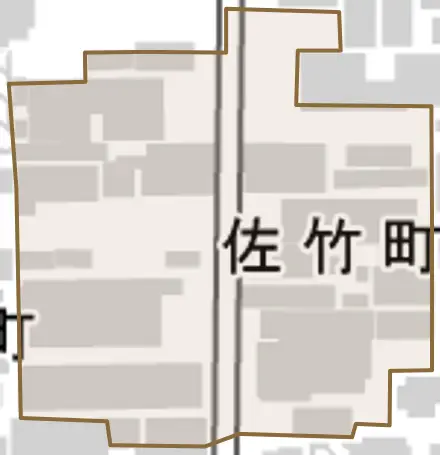 佐竹町とその周辺の地図。町の範囲を重ねている