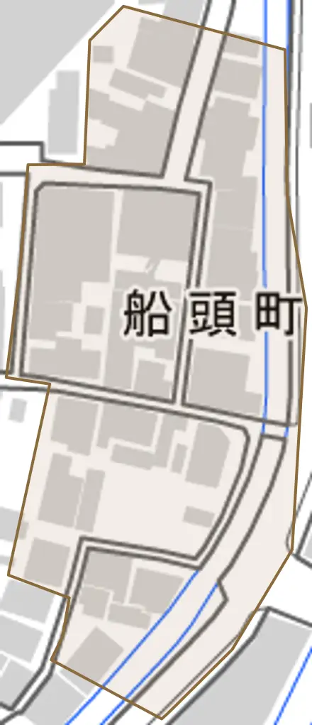 船頭町とその周辺の地図。町の範囲を重ねている