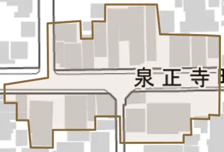 泉正寺町とその周辺の地図。町の範囲を重ねている