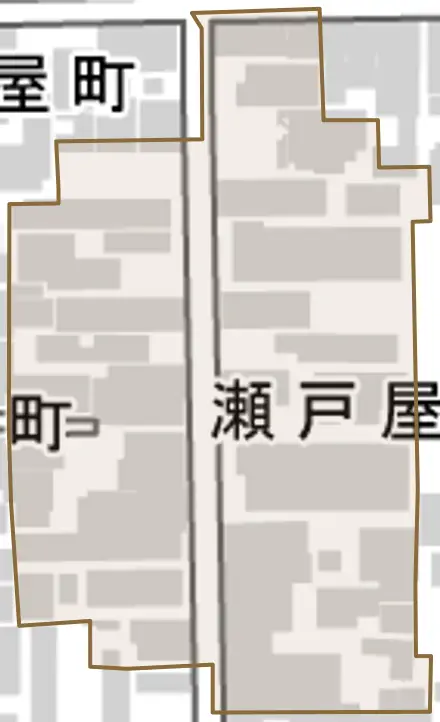 瀬戸屋町とその周辺の地図。町の範囲を重ねている