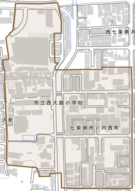 七条御所ノ内西町とその周辺の地図。町の範囲を重ねている