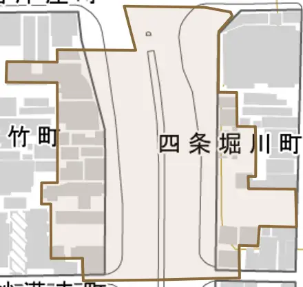 四条堀川町とその周辺の地図。町の範囲を重ねている