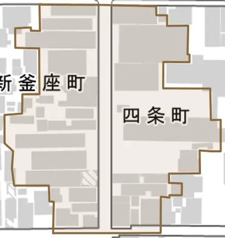 四条町とその周辺の地図。町の範囲を重ねている