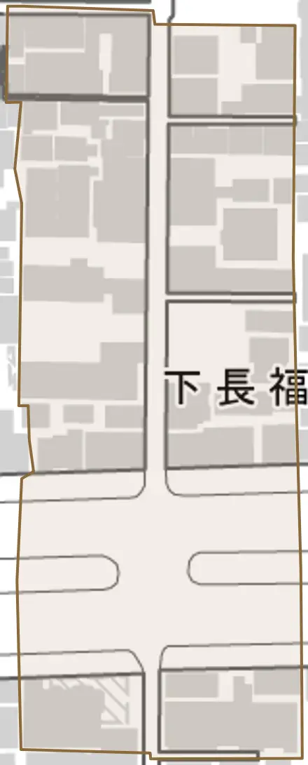 下長福寺町とその周辺の地図。町の範囲を重ねている