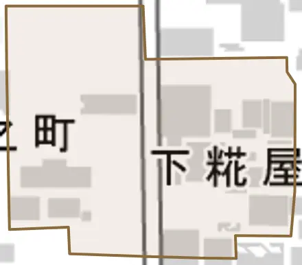 下糀屋町とその周辺の地図。町の範囲を重ねている