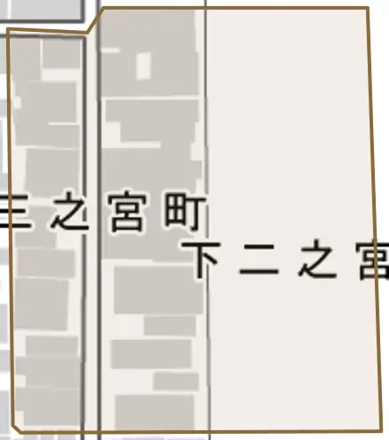 下二之宮町とその周辺の地図。町の範囲を重ねている