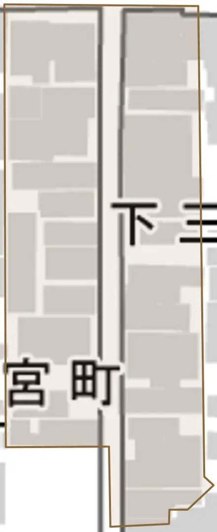 下三之宮町とその周辺の地図。町の範囲を重ねている