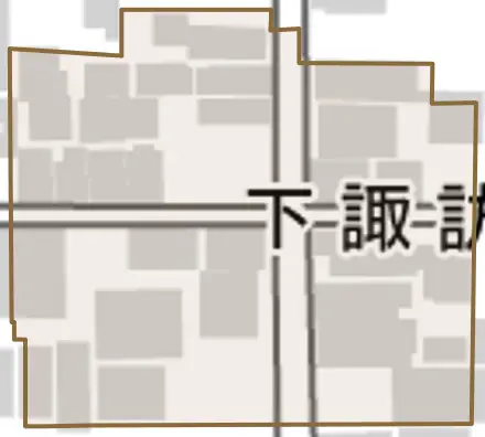 下諏訪町とその周辺の地図。町の範囲を重ねている
