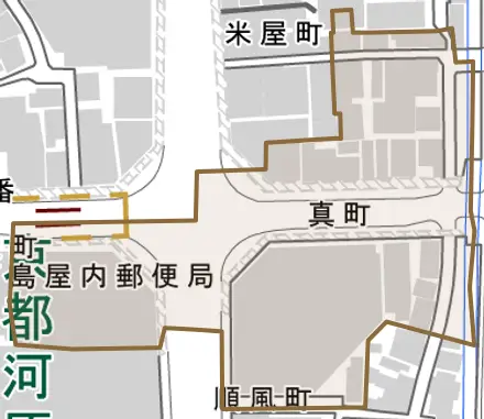 真町とその周辺の地図。町の範囲を重ねている