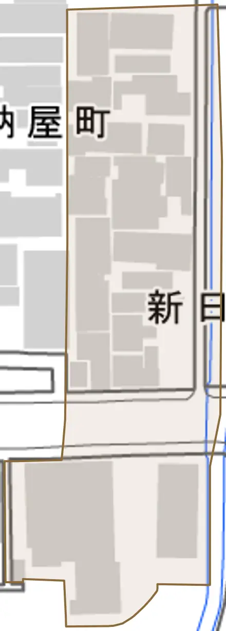 新日吉町とその周辺の地図。町の範囲を重ねている