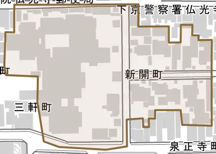 新開町とその周辺の地図。町の範囲を重ねている