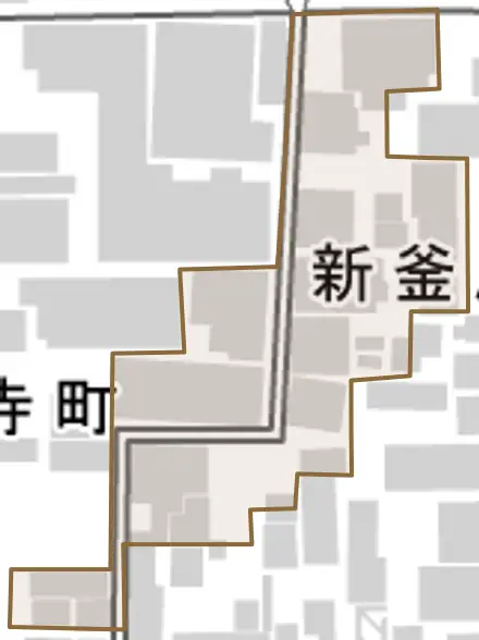 新釜座町とその周辺の地図。町の範囲を重ねている