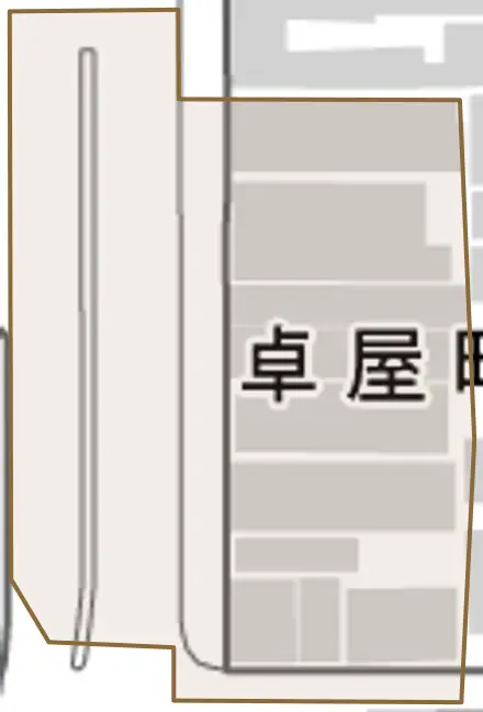 卓屋町とその周辺の地図。町の範囲を重ねている