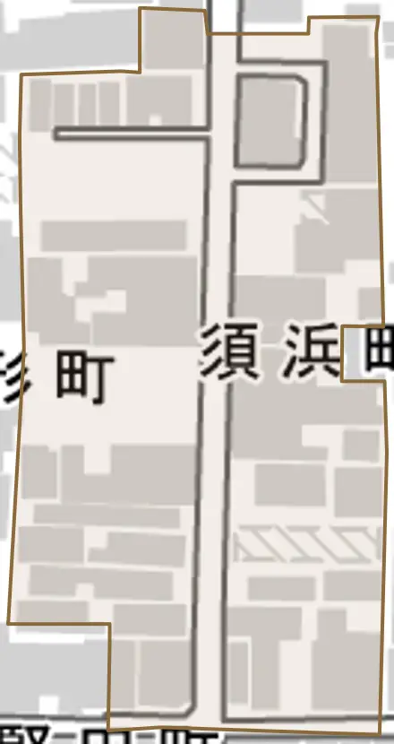 須浜町とその周辺の地図。町の範囲を重ねている