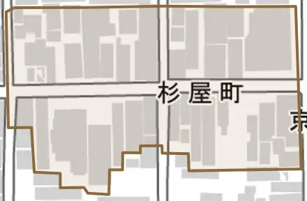 杉屋町とその周辺の地図。町の範囲を重ねている