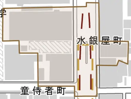 水銀屋町とその周辺の地図。町の範囲を重ねている