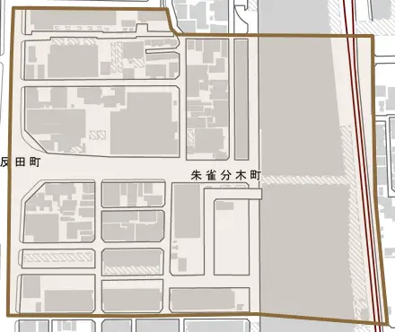 朱雀分木町とその周辺の地図。町の範囲を重ねている
