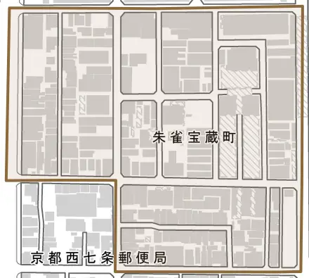 朱雀宝蔵町とその周辺の地図。町の範囲を重ねている