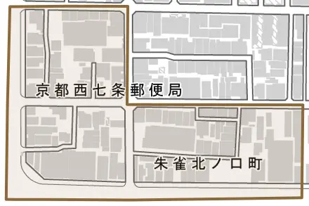 朱雀北ノ口町とその周辺の地図。町の範囲を重ねている