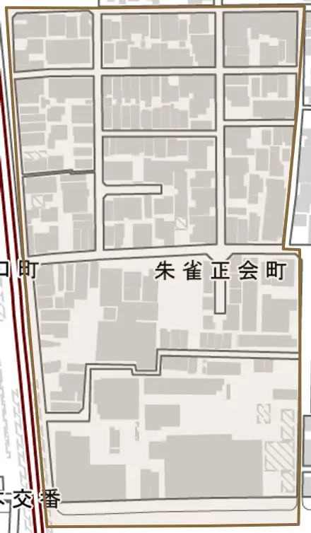 朱雀正会町とその周辺の地図。町の範囲を重ねている