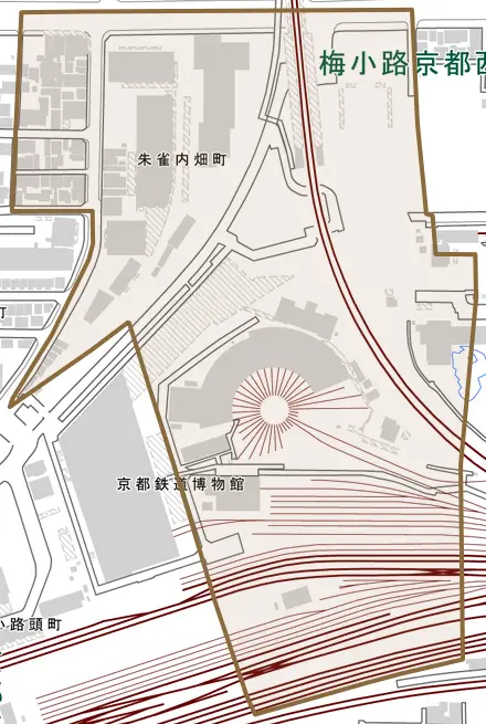 朱雀内畑町とその周辺の地図。町の範囲を重ねている
