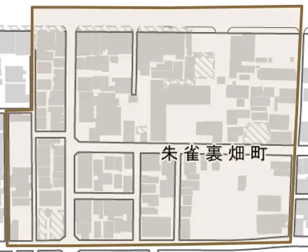 朱雀裏畑町とその周辺の地図。町の範囲を重ねている