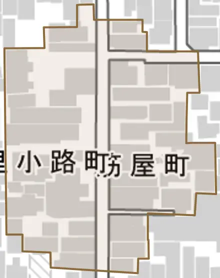 筋屋町とその周辺の地図。町の範囲を重ねている