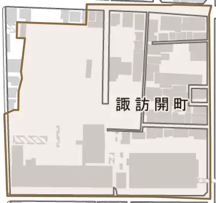 諏訪開町とその周辺の地図。町の範囲を重ねている