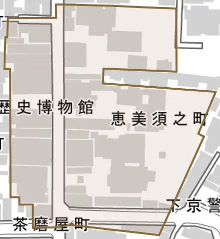 恵美須之町とその周辺の地図。町の範囲を重ねている