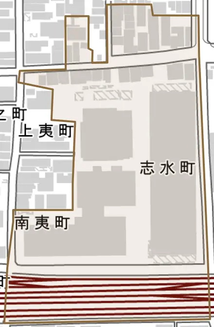 志水町とその周辺の地図。町の範囲を重ねている