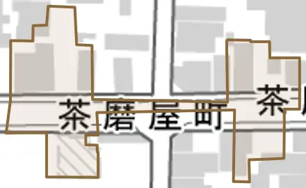 茶磨屋町とその周辺の地図。町の範囲を重ねている
