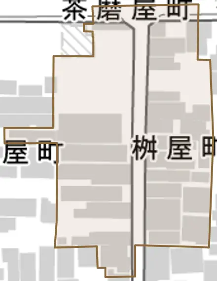 桝屋町とその周辺の地図。町の範囲を重ねている