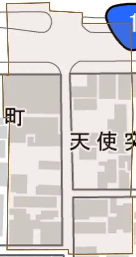 天使突抜三丁目とその周辺の地図。町の範囲を重ねている