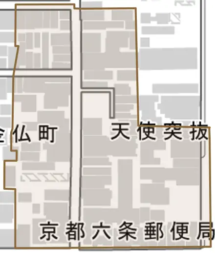 天使突抜四丁目とその周辺の地図。町の範囲を重ねている